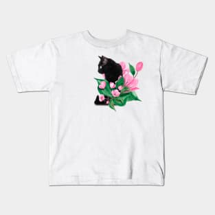 Black cat in cherry blossom Kids T-Shirt